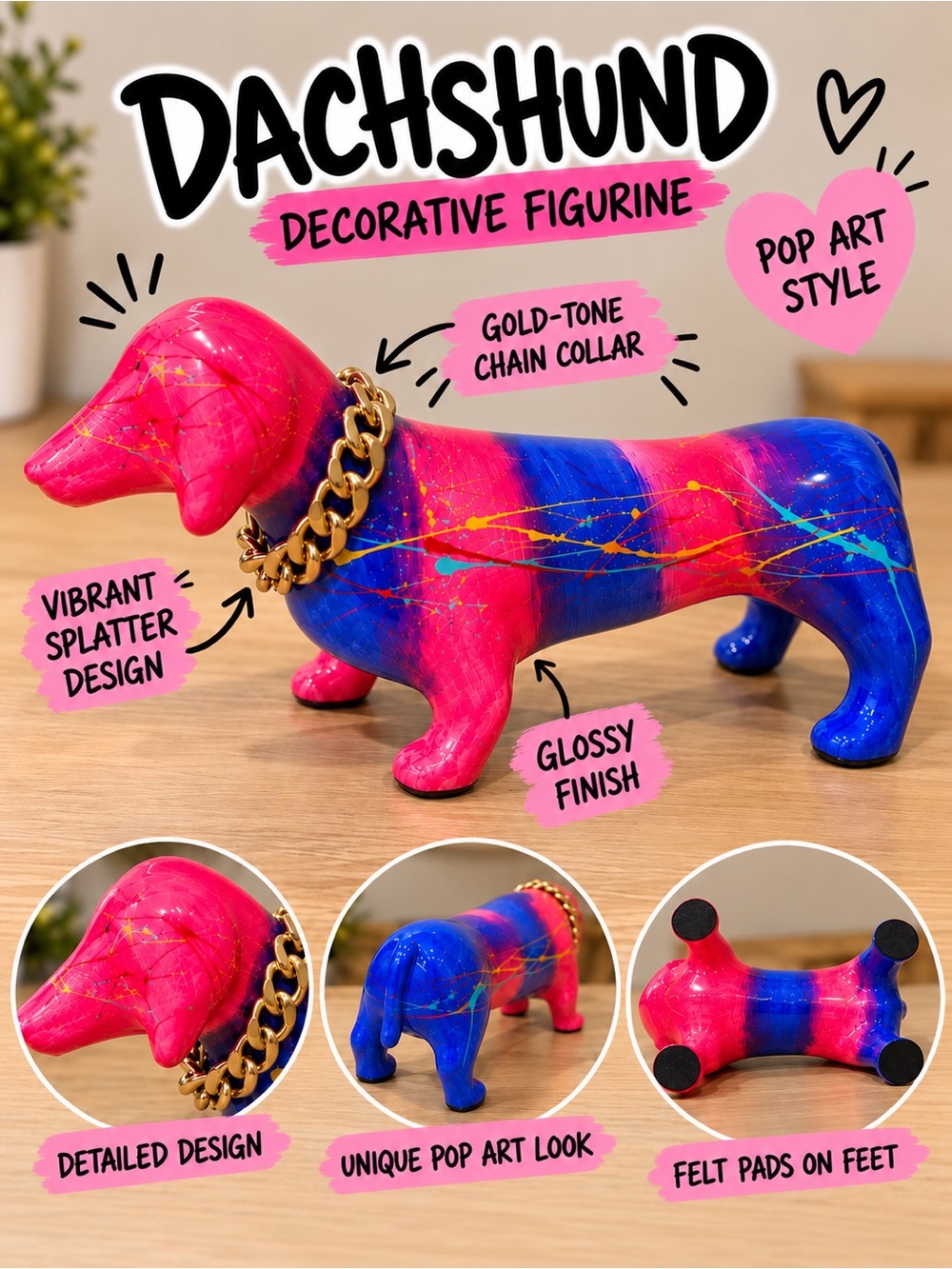 Pop Art Graffiti Dachshund Dog Figurine Pink Blue Gold Chain Home Decor